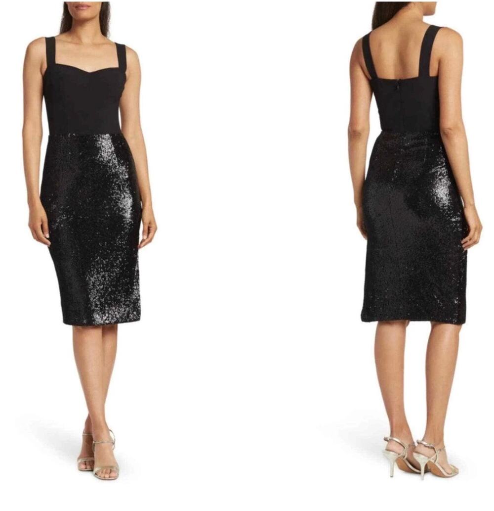 DRESS THE POPULATION Malise Black Sequin Midi Party Dress Size Medium NWT